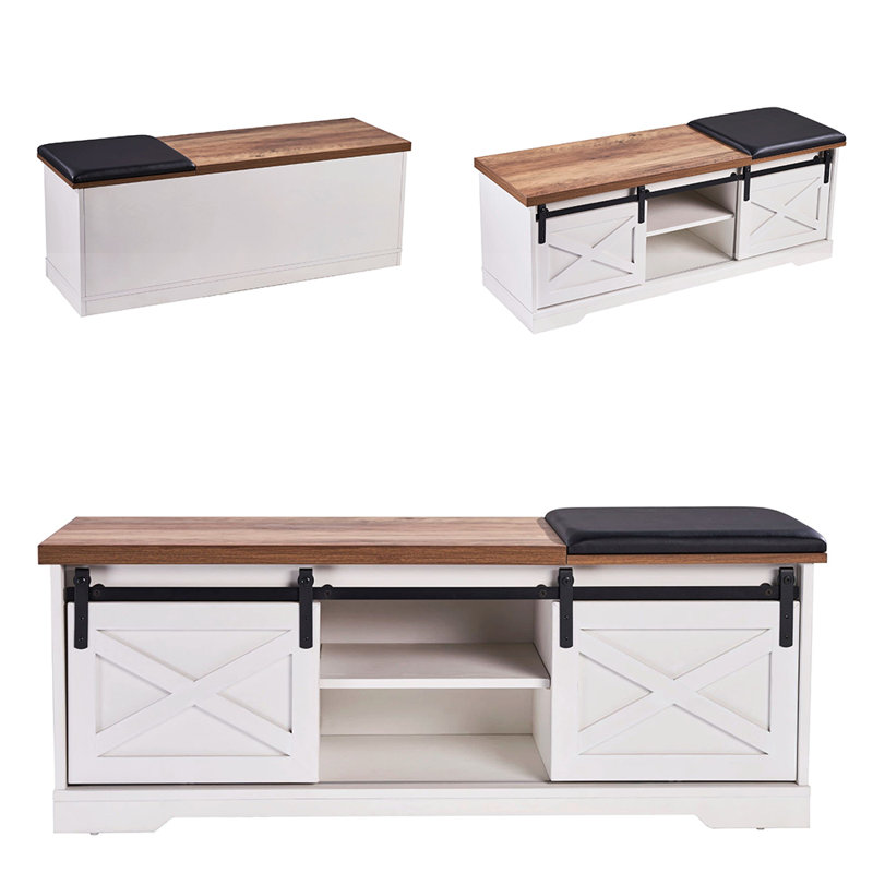 Gracie Oaks 47" Farmhouse Storage Bench with 2 Sliding Barn Doors, Wood